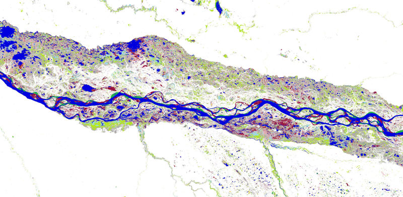 This map of the Paraná River in North-Eastern Argentina and shows how rivers meander and move, how floodplains flood intermittently, and how new areas of permanent and seasonal water are being created and lost through time. (Image: © EC-Joint Research Centre / Google, 2016)